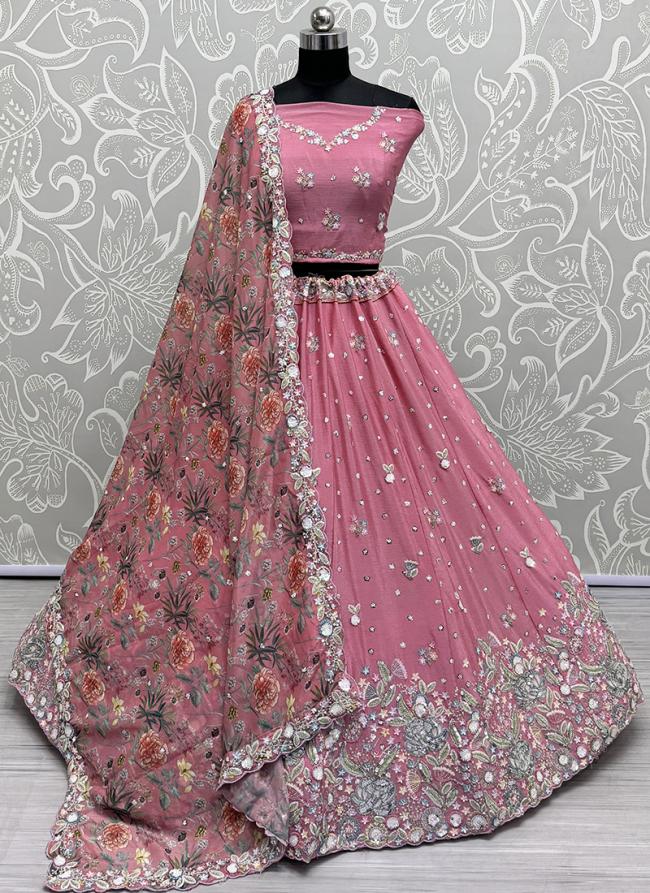 Chinnon Pink Wedding Wear Embroidery Work Lehenga Choli